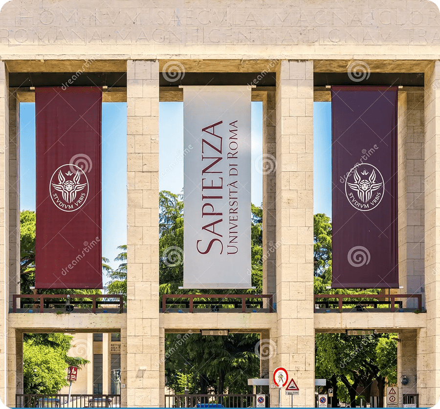 Three banners of Sapienza University of Rome hanging in an architectural facade.